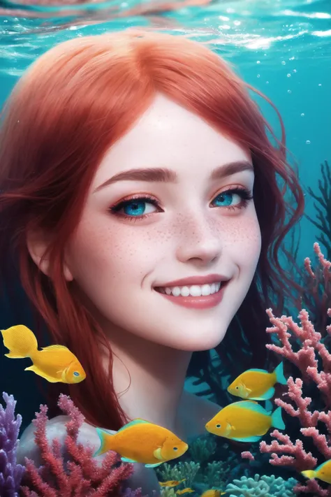 Underwater portrait, coral reef style Mermaid, flowing red hair, dreamlike,freckles, UHD, garden goddess, magical, smiling, highly detailed eyes, winking, head tilt,  chromatic aberration