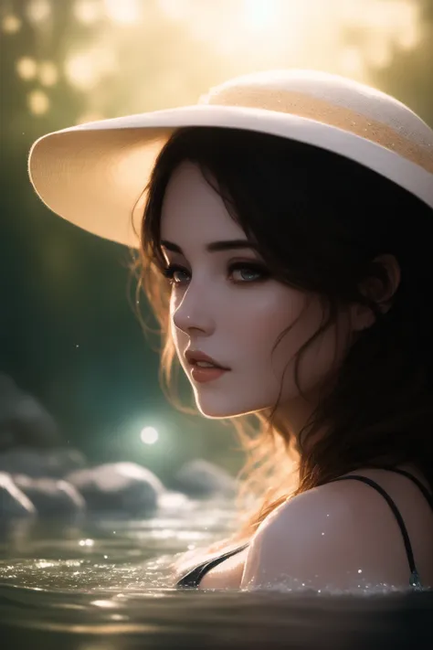 close up portrait of a cute woman bathing in a river, reeds, (backlighting), realistic, masterpiece, highest quality, lens flare, shade, bloom, [[chromatic aberration]], by Jeremy Lipking, by Antonio J. Manzanedo, digital painting