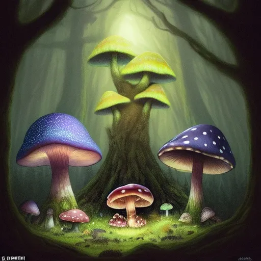 The illustration depicts a deep night in a fantasy-like forest. The focal point of the image is three enormous mushrooms of varied height, taking up at least half of the image. The smallest mushroom is in the middle of the image and there is a forest snail, without its shell, climbing it, looking at a little fairy sitting on the largest mushroom. The fairy sits on the edge of the mushroom observing the eerie bright light that illuminates the glade. The scene gives off a feeling of magic and enchantment, with the dark forest and giant mushrooms adding to the mysterious and dreamlike atmosphere. The fairy and forest snail add a touch of whimsy to the image. The bright light gives off an otherworldly glow, making the image feel ethereal and surreal. The illustration style is slightly reminiscent of the illustrations of Arthur Rackham and the animation style of Studio Ghibli. It is captivating, enchanted, mystical, mysterious, magical, fairytale, whimsical and fantastical, that it is hard not to get lost in the scene.