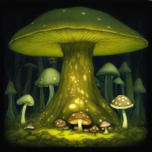 Deep night in a fantasy-like forest, enormous mushrooms, varied height and size, forest snail climbing the middle mushroom, little fairy, sitting on the largest mushroom, observing an eerie bright light illuminating the glade, fantasy, dark, enchanted, mysterious, fairytale, magical, whimsical, ethereal, dreamlike, surreal, reminiscent of Arthur Rackham, and Studio Ghibli's animation style, captivating, mesmerizing, intriguing, giant mushrooms tower in the background, middle-sized in the foreground, smallest in the center, forest snail exploring, fairy delicate and whimsical, eerie light otherworldly, glade mystical and glowing.