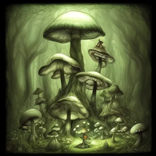Deep night in a fantasy-like forest, enormous mushrooms, varied height and size, forest snail climbing the middle mushroom, little fairy, sitting on the largest mushroom, observing an eerie bright light illuminating the glade, fantasy, dark, enchanted, mysterious, fairytale, magical, whimsical, ethereal, dreamlike, surreal, reminiscent of Arthur Rackham, and Studio Ghibli's animation style, captivating, mesmerizing, intriguing, giant mushrooms tower in the background, middle-sized in the foreground, smallest in the center, forest snail exploring, fairy delicate and whimsical, eerie light otherworldly, glade mystical and glowing.