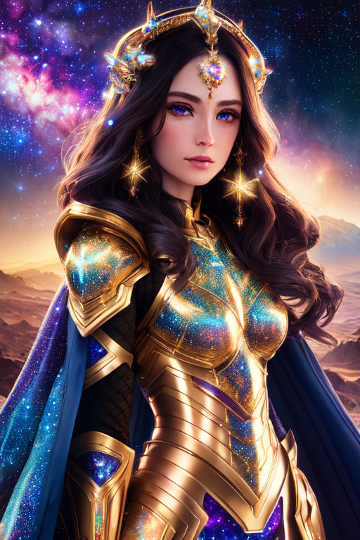 A woman in armor and a crown stands in front of a starr sky - SeaArt AI