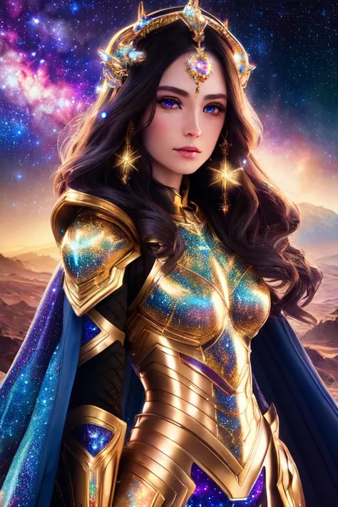 8k Medium shot of a beautiful woman in ((detailed Cosmic Armor)), (photorealistic face), ((ultra-detailed colorful armor)), pale skin, brunette, outdoors, ultra-realistic, highly detailed, photo-real, intricate details, cinematic lighting, epic scenery, ((elaborate epic starry background)), award-winning photography, EF 70mm Canon,