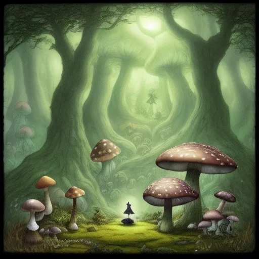 Deep night in a fantasy-like forest, enormous mushrooms, varied height and size, forest snail climbing the middle mushroom, little fairy, sitting on the largest mushroom, observing an eerie bright light illuminating the glade, fantasy, dark, enchanted, mysterious, fairytale, magical, whimsical, ethereal, dreamlike, surreal, reminiscent of Arthur Rackham, and Studio Ghibli's animation style, captivating, mesmerizing, intriguing, giant mushrooms tower in the background, middle-sized in the foreground, smallest in the center, forest snail exploring, fairy delicate and whimsical, eerie light otherworldly, glade mystical and glowing.