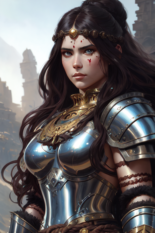 A woman in armor standing in front of a city - SeaArt AI