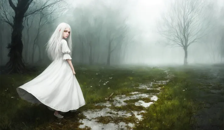 young girl, , white hair, photorealistic, pale skin, (yellow (eyes:1.2)), (slim build:1.3), (white_dress:1.4), beautiful face, symmetrical face, Greg Rutkowski, wlop and Sam Kuvshinov, (long hair), (((white eyelashes))), large iris, large pupil, ((full body)), ((swamp, dirty clothes, gloomy atmosphere, deep shadows, witch, hair creeping on the ground)), oil paint, fantasy, ruins of the village, fog, night, wlop, (madness, angry look, crazy), leaking mascara, dirt