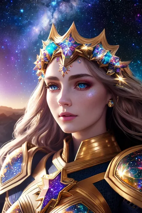 8k Medium shot of a beautiful woman in ((detailed Cosmic Armor)), (photorealistic face), ((ultra-detailed colorful armor)), pale skin, brunette, outdoors, ultra-realistic, highly detailed, photo-real, intricate details, cinematic lighting, epic scenery, ((elaborate epic starry background)), award-winning photography, EF 70mm Canon,