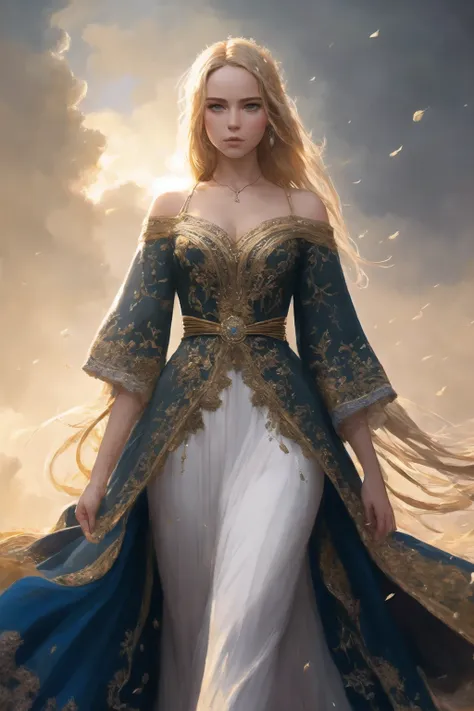 modelshoot style, (extremely detailed CG unity 8k wallpaper), full shot body photo of the most beautiful artwork in the world, beautiful long dress, blonde hair, long hair, blue eyes, professional majestic oil painting by Ed Blinkey, Atey Ghailan, Studio Ghibli, by Jeremy Mann, Greg Manchess, Antonio Moro, trending on ArtStation, trending on CGSociety, Intricate, High Detail, Sharp focus, dramatic, photorealistic painting art by midjourney and greg rutkowski