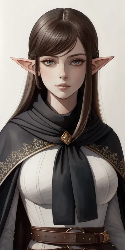 (watercolor, traditional_media, lineart), modelshoot style, (pointy ears, elf), solo, brown_hair, (long_hair), (large breasts), face, perfect, ((masterpiece, portrait, pixiv)), simple_background, leather fur clothes, adventurer, cloak, scarf