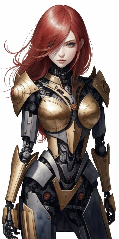 ((watercolor, traditional_media, lineart)), mature_female, long_hair, red_hair, hair_over_one_eye, armored_dress, breasts, pouches, metal, bronze, steampunk, upper_body, face, perfect, masterpiece, simple_background, ((masterpiece, portrait, pixiv)), artstation, (3d-female-cyborgs, android, robot, cyborg, clockworks), battle, combat pose