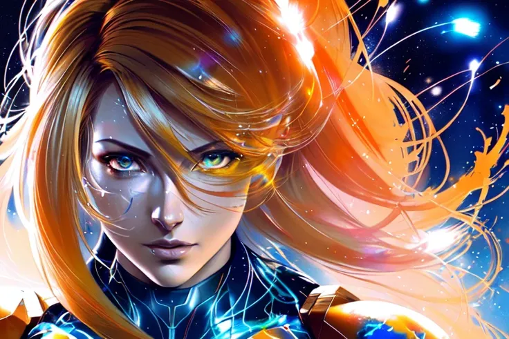 modelshoot style, (  samus aran  : 1.4 )  ,  by artist agnes cecile and (artist greg rutkowski),   extremely luminous bright design, Translucent colors  , (ink drips:1.3), autumn lights,  vibrant eyes, wide hips , voluptuous breasts,  tan skin, vibrant eyes,  [ Backpacking through a remote wilderness area ]