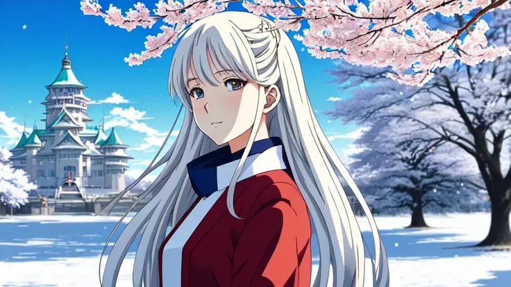 portrait of a beautiful girl, closeup, 1girl, single, solo, portrait, white hair, winter, castle in the background, sakura tree, sunny day, snow, coat, best quality, masterpiece, trending on ArtStation, intricate, Sharp focus, bloom, dramatic, dynamic lighting, dynamic colors, hdr, 4k, 8k, cinematic, (anime, anime style, manga, cel shading, pixiv:1.4)