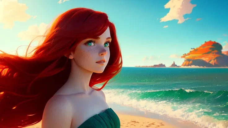 1girl, single, solo, red hair, (freckles:0.8), green eyes, beach, detailed waves, sunny day, best quality, masterpiece, trending on ArtStation, intricate, Sharp focus, bloom, dramatic, dynamic lighting, dynamic colors, hdr, 4k, 8k, cinematic, (modern pixar style, modern disney style:1.4)
