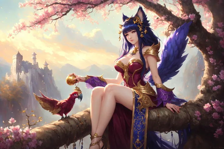 (dark dim dramatic atmosphere)+ 8k wallpaper, ( ahri from league of legends :1.5 ) wearing (lace : 1.3) with Vibrant parrot sings on branch, at A mountaintop fortress, home to a powerful sorcerer and his army of elemental golems , intricate, highly detailed, messy, ( Oil on canvas :1.2), smooth, sharp focus, illustration, by artist Mark Arian and artist Krenz Cushart