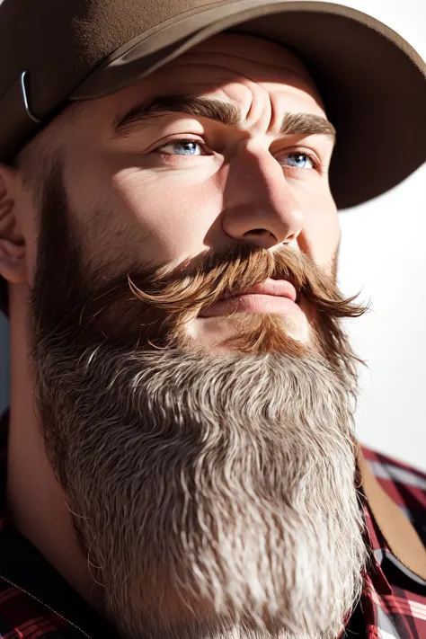 art closeup shot of a bald bearded rustic lumberjack, soft light, insanely detailed, photorealistic, studio photography, hdr, 8k, Cannon EOS 5D Mark III, 85mm, volumetric lighting red background