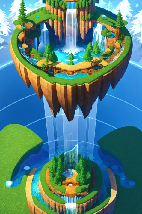 isometric video game art of a forest with waterfalls, by Rob Gonslaves and Gediminas Pranckevicius, parallel projection, 3-point perspective, stepped landscape, winter