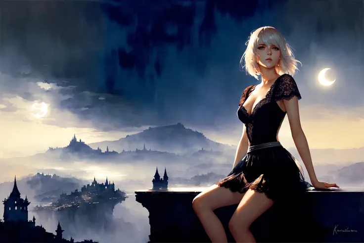 watercolor painting, ( moonlight ), full body portrait of ((wet)), stunningly beautiful ( 2b nier : 1.5 ), wearing ((see through lace skirt)), (detailed face), deep cleavage , (view from_sides ) , messy, ornate, at A mountaintop fortress, home to a powerful sorcerer and his army of elemental golems , by artist christophe young and by artist ilya kuvshinov