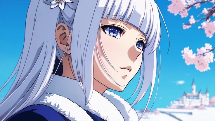 portrait of a beautiful girl, closeup, 1girl, single, solo, portrait, white hair, winter, castle in the background, sakura tree, sunny day, snow, coat, best quality, masterpiece, trending on ArtStation, intricate, Sharp focus, bloom, dramatic, dynamic lighting, dynamic colors, hdr, 4k, 8k, cinematic, (anime, anime style, manga, cel shading, pixiv:1.4)