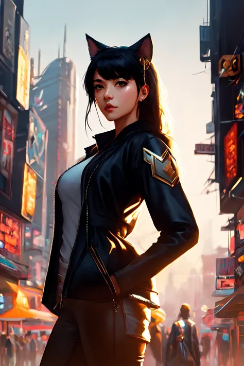 ahri, ahri_\(league_of_legends\), close up, modelshoot style, ((nixeu)), (extremely detailed CG unity 8k wallpaper), full shot body photo of the most beautiful artwork in the world, professional majestic oil painting by Ed Blinkey, Atey Ghailan, Studio Ghibli, by Jeremy Mann, Greg Manchess, Antonio Moro, trending on ArtStation, trending on CGSociety, Intricate, High Detail, Sharp focus, dramatic, photorealistic painting art by midjourney and greg rutkowski, animal_ears, black_hair, breasts, detached_sleeves, distr, facial_mark, fox_ears, fox_tail, ahri, 1girl, absurdres, ahri_\(league_of_legends\), cyberpunk clothes, cyberpunk background, very detailed background, neon tails, (multiple tails), black hair, long hair, iridescent jacket, hands in pocket, whisker markings, detailed face, looking at viewer