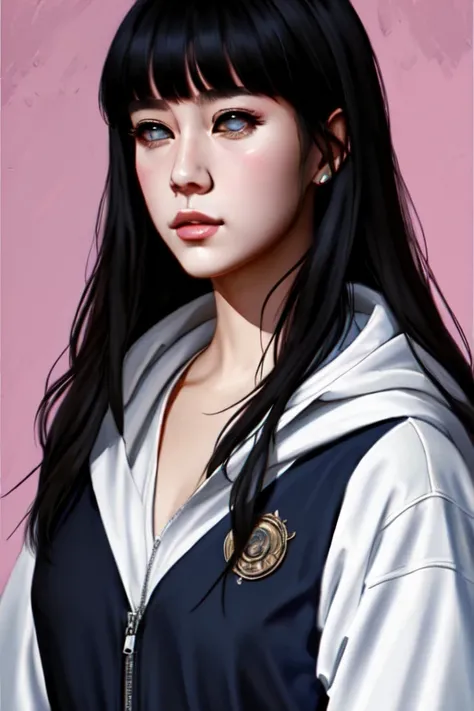 hinata, hyuuga_hinata, close up, modelshoot style, ((nixeu)), (extremely detailed CG unity 8k wallpaper), full shot body photo of the most beautiful artwork in the world, bangs, empty_eyes, black_hair, professional majestic oil painting by Ed Blinkey, Atey Ghailan, Studio Ghibli, by Jeremy Mann, Greg Manchess, Antonio Moro, trending on ArtStation, trending on CGSociety, Intricate, High Detail, Sharp focus, dramatic, photorealistic painting art by midjourney and greg rutkowski, hooded_jacket, grey_eyes