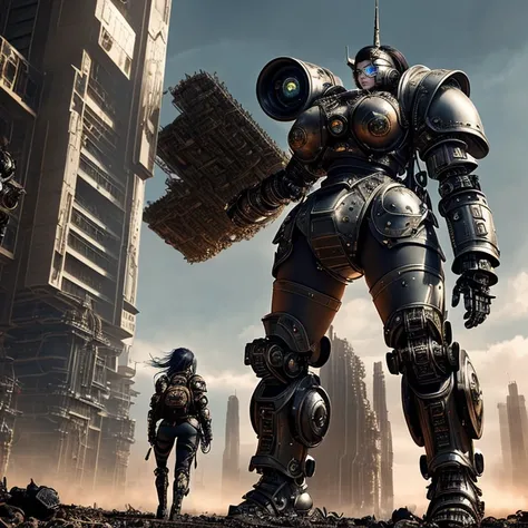 (elden ring style), analog style, swpunk, ((postapocalypse)), ((cyborgdiffusion)), a curvy girl in a (((huge complex futuristic battle armor with life-support backpack ))), [MELISSA BENOIST], [Emma Watson], cinematic lighting, toned abs, perfect large breasts, thick ass, PERFECT (((gorgeous FACE))), highly detailed, INTRICATE