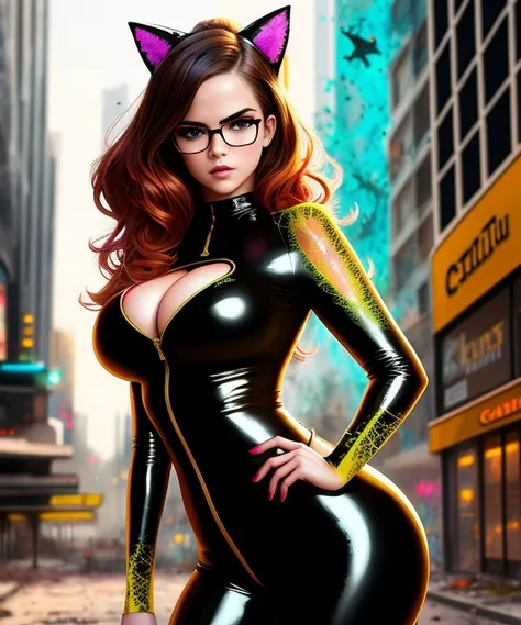 a curvy glamour model in a latex cat suit with glasses, [Kaia Jordan Gerber], [Emma Watson], in an apocalyptic modern city, smirk, cinematic lighting, dynamic pose, (detailed body), by (Carne Griffiths:1.3), (Artur Bordalo:1.2), (((gorgeous FACE))), highly detailed, INTRICATE