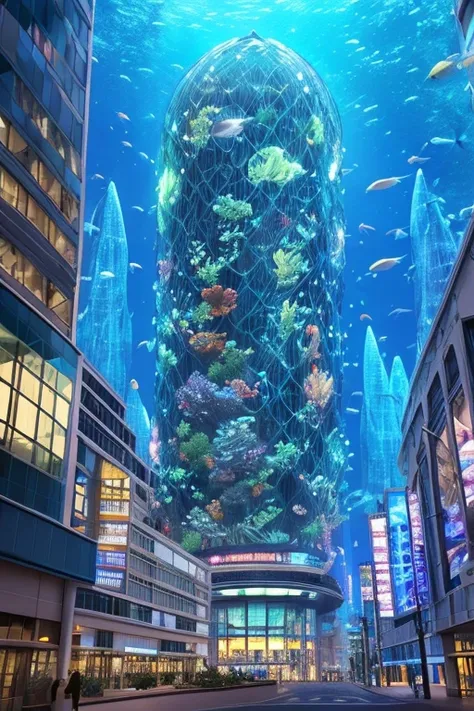 a transparent building as a giant aquarium containing marine lifeforms at night, pretty lights decorations, wide shot, 8k octane render, photorealistic, detailed building, detailed fishs