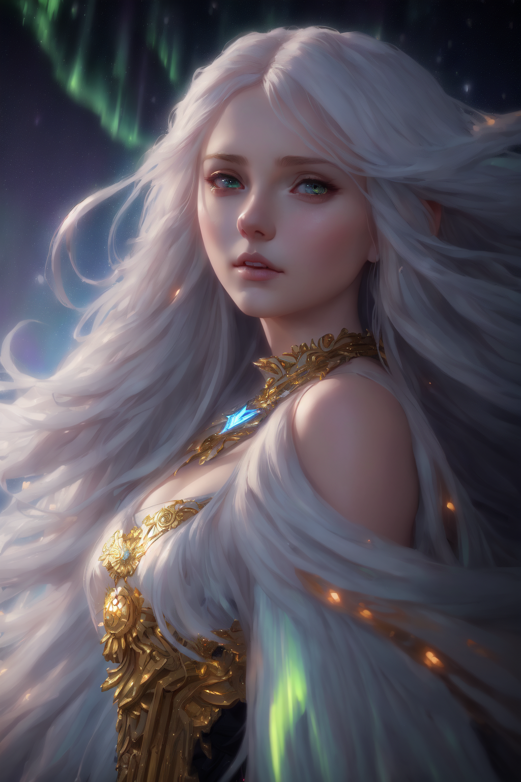 A woman with long white hair and a gold dress - SeaArt AI