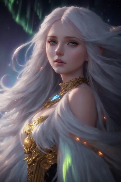 (dark dim dramatic atmosphere)+ 8k portrait aurora, girl with super long hair, hair dissolving into bright stars, in drip modern clothing, intricate, highly detailed, digital painting, smooth, sharp focus, illustration, unreal engine 5, 8 k, art by artgerm and greg rutkowski and alphonse mucha