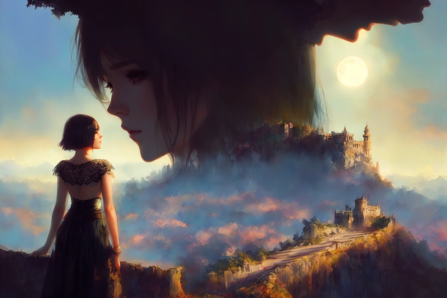 watercolor painting, ( moonlight ), full body portrait of ((wet)), stunningly beautiful ( 2b nier : 1.5 ), wearing ((see through lace skirt)), (detailed face), deep cleavage , (view from_sides ) , messy, ornate, at A mountaintop fortress, home to a powerful sorcerer and his army of elemental golems , by artist christophe young and by artist ilya kuvshinov