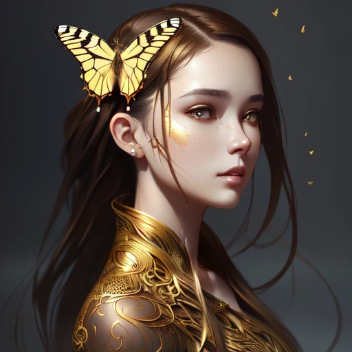 Style-Empire, 8k portrait of beautiful young woman with brown hair, intricate, elegant, highly detailed, majestic, digital photography, art by artgerm ruan jia and greg rutkowski surreal wet paint gold butterfly filigree, broken glass