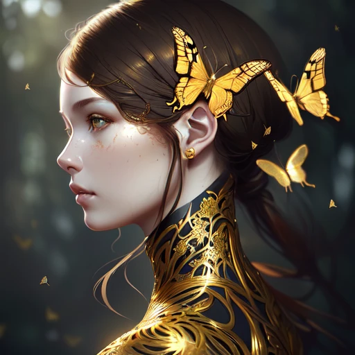 Style-Empire, 8k portrait of beautiful young woman with brown hair, intricate, elegant, highly detailed, majestic, digital photography, art by artgerm ruan jia and greg rutkowski surreal wet paint gold butterfly filigree, broken glass