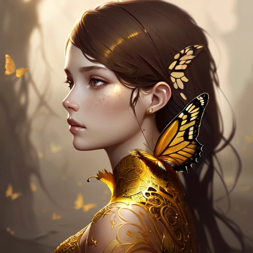 Style-Empire, 8k portrait of beautiful young woman with brown hair, intricate, elegant, highly detailed, majestic, digital photography, art by artgerm ruan jia and greg rutkowski surreal wet paint gold butterfly filigree, broken glass