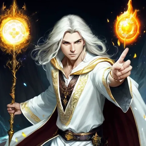 photorealistic photo of a handsome young male wizard, white wizard shirt with golden trim, white robe moving in the wind, long white hair, fully clothed, perfect face, handsome, (perfect composition:1.4), deviantart hd, artstation hd, concept art, detailed face and body, award-winning photography, margins, detailed face, detailed hands, ,backlight, 12k ultrarealistic, ray tracing, intense gaze, looking at the viewer, cinematic lighting, art by Grzegorz Rutkowski, embers, high fantasy background, action pose, hands up to 90 degrees, holding a small magic wand, water splash, misty