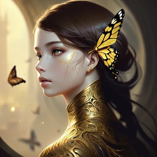 Style-Empire, 8k portrait of beautiful young woman with brown hair, intricate, elegant, highly detailed, majestic, digital photography, art by artgerm ruan jia and greg rutkowski surreal wet paint gold butterfly filigree, broken glass