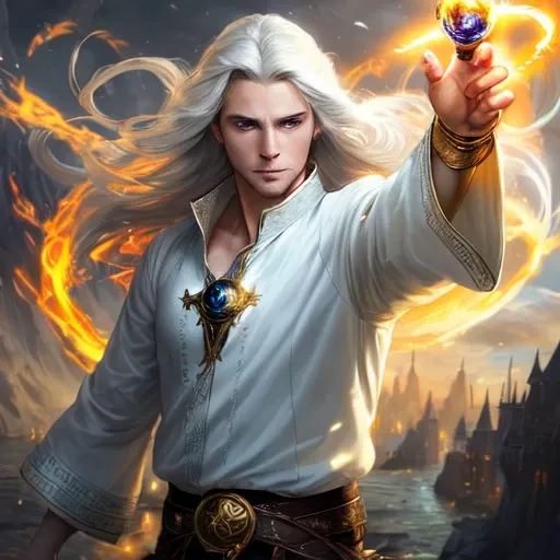 photorealistic photo of a handsome young male wizard, white wizard shirt with golden trim, white robe moving in the wind, long white hair, fully clothed, perfect face, handsome, (perfect composition:1.4), deviantart hd, artstation hd, concept art, detailed face and body, award-winning photography, margins, detailed face, detailed hands, ,backlight, 12k ultrarealistic, ray tracing, intense gaze, looking at the viewer, cinematic lighting, art by Grzegorz Rutkowski, embers, high fantasy background, action pose, hands up to 90 degrees, holding a small magic wand, water splash, misty