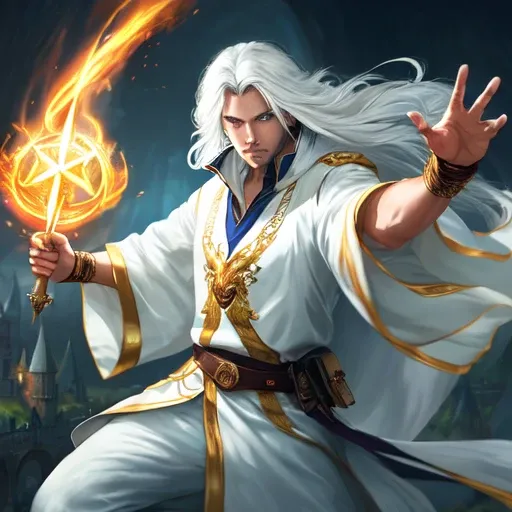 photorealistic photo of a handsome young male wizard, white wizard shirt with golden trim, white robe moving in the wind, long white hair, fully clothed, perfect face, handsome, (perfect composition:1.4), deviantart hd, artstation hd, concept art, detailed face and body, award-winning photography, margins, detailed face, detailed hands, ,backlight, 12k ultrarealistic, ray tracing, intense gaze, looking at the viewer, cinematic lighting, art by Grzegorz Rutkowski, embers, high fantasy background, action pose, hands up to 90 degrees, holding a small magic wand, water splash, misty