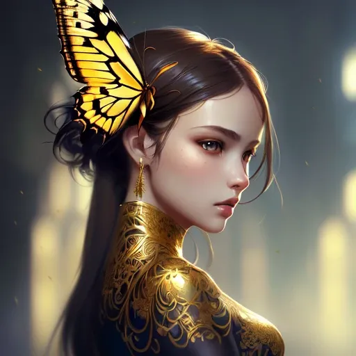 Style-Empire, 8k portrait of beautiful young woman with brown hair, intricate, elegant, highly detailed, majestic, digital photography, art by artgerm ruan jia and greg rutkowski surreal wet paint gold butterfly filigree, broken glass