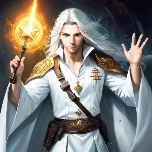 photorealistic photo of a handsome young male wizard, white wizard shirt with golden trim, white robe moving in the wind, long white hair, fully clothed, perfect face, handsome, (perfect composition:1.4), deviantart hd, artstation hd, concept art, detailed face and body, award-winning photography, margins, detailed face, detailed hands, ,backlight, 12k ultrarealistic, ray tracing, intense gaze, looking at the viewer, cinematic lighting, art by Grzegorz Rutkowski, embers, high fantasy background, action pose, hands up to 90 degrees, holding a small magic wand, water splash, misty