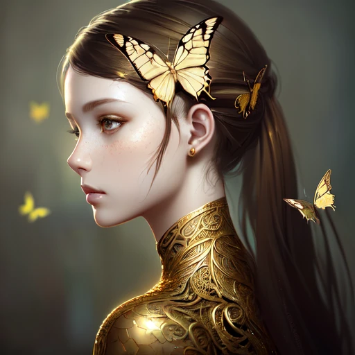 Style-Empire, 8k portrait of beautiful young woman with brown hair, intricate, elegant, highly detailed, majestic, digital photography, art by artgerm ruan jia and greg rutkowski surreal wet paint gold butterfly filigree, broken glass