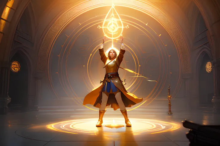 a young cleric casting a divine spell on a circle, golden lighting, rpg concept art by greg rutkowski, art by ruan jia, intricate details, fantasy ambiance, rpg, ((better hands))