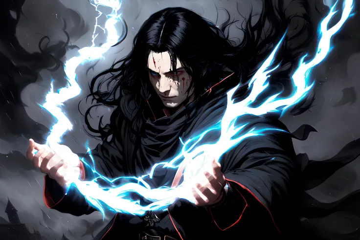 (full portrait of a medieval psychopath young male sorcerer with blood spatter on the face and with long black hair and mage clothes summoning a tornado spell), (villain), ((evil detailed eyes)) ultra detailed face, rpg concept art, art by greg rutkowski, art by ruan jia, art by Ilya kuvshinov, darker ambiance, darker, character sheet, ultra detailed, ultra quality