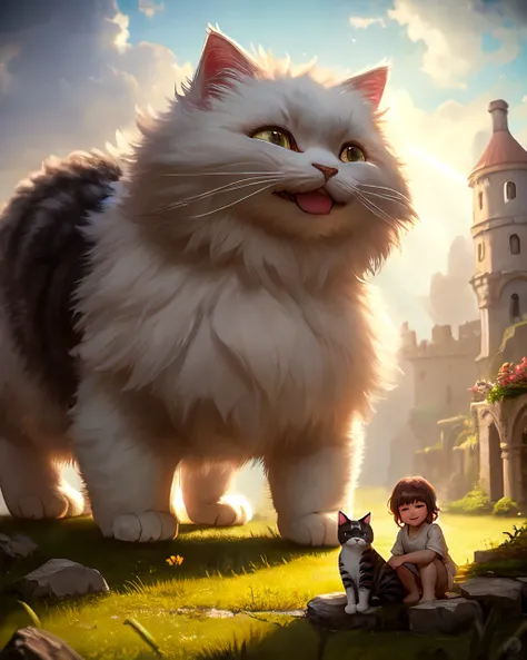block paint depicting a tiny human in front of a (big adorable smiling fluffy cat in a (ruins landscape:0.001)), (detailed clear eyes), posed character portrait design study, backlit, light rays, highly detailed, trending on artstation, size different