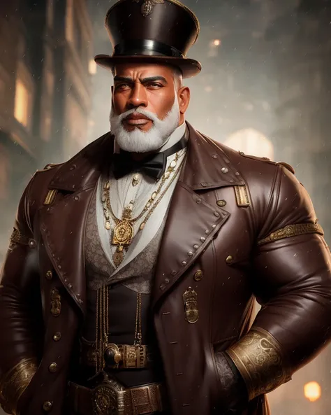 analog style, Mennatullah Jamilah, (big muscle:1.0), (big breast:1.0), ((big beautiful man)), 60 years old, ((1900s)), wearing a coat steampunk, (((very short hair))), expertly illuminated, professional photography, (realistic:1.5),photorealistic, octane render,(hyperrealistic:1.2),