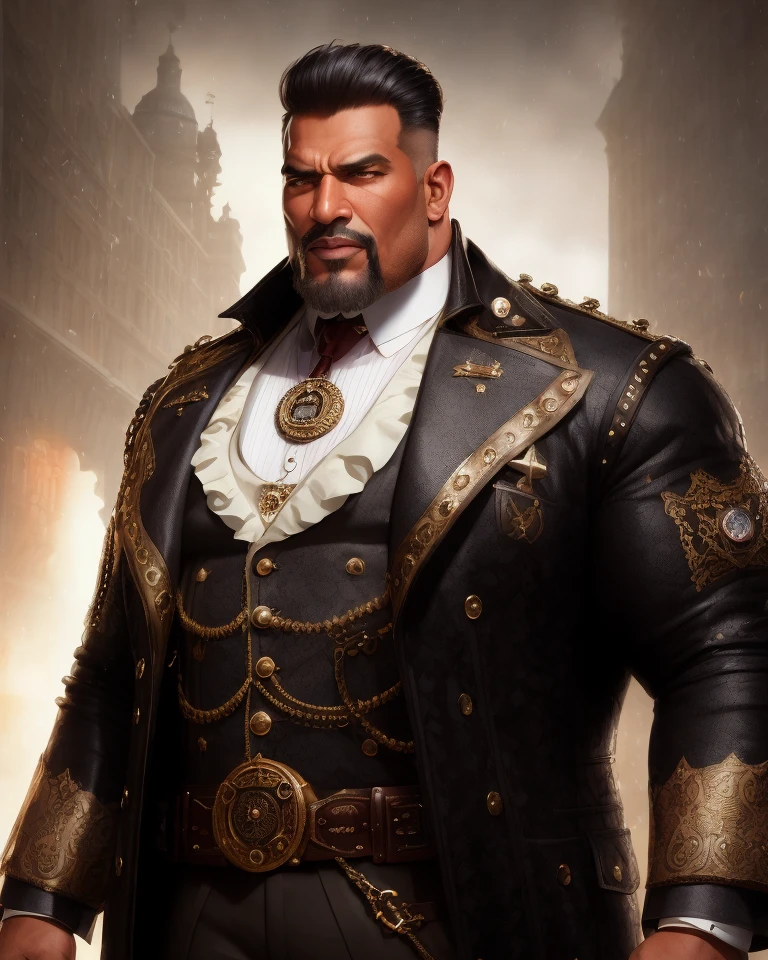 analog style, Mennatullah Jamilah, (big muscle:1.0), (big breast:1.0), ((big beautiful man)), 60 years old, ((1900s)), wearing a coat steampunk, (((very short hair))), expertly illuminated, professional photography, (realistic:1.5),photorealistic, octane render,(hyperrealistic:1.2),