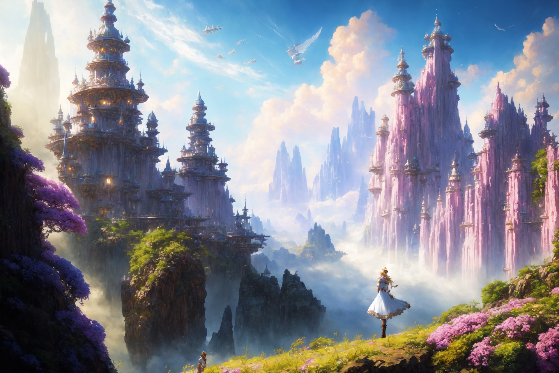 A woman standing on a hill with a castle in the background - SeaArt AI