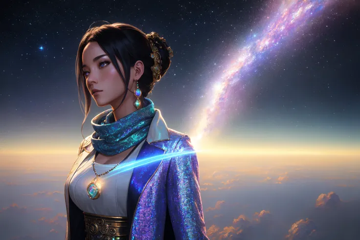 dreamlikeart, modelshoot style, extremely detailed CG unity 8k, full body shot photo of the most beautiful artwork in the world, ( Jade - Beyond Good & Evil : 1.4 ) , wearing a long flowing lace scarf, , ( Holographic trenchcoat : 1.3 ) , vibrant eyes, sexy, ( Soft colors ) , A girl controlling a robotic arm , at A parallel universe with alternate versions of reality , ( professional majestic oil painting by artist Mark Arian and artist yuumei ) , Studio Ghibli, ArtStation, CGSociety, Intricate, High Detail, Sharp focus, iridescent, dramatic, photorealistic painting art by Midjourney and Greg Rutkowski, ( very detailed background, detailed face, detailed complex busy background : 0.8 )