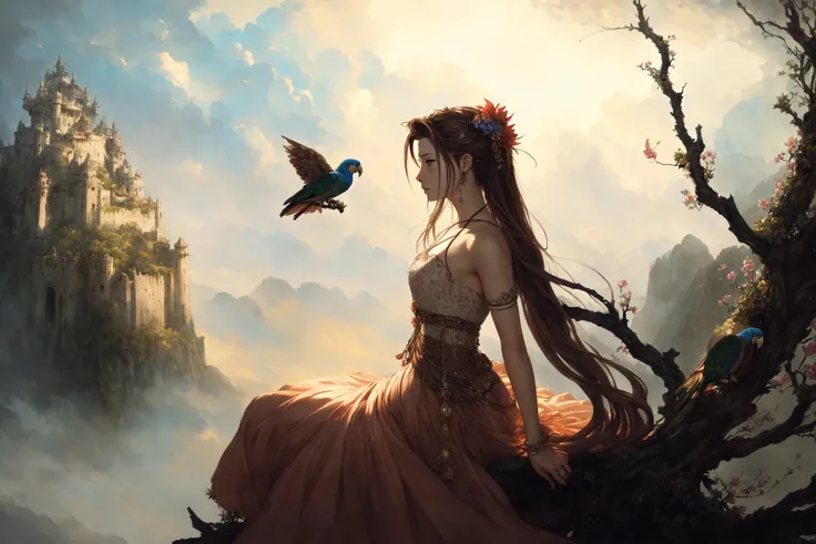 (dark dim dramatic atmosphere)+ 8k wallpaper, (nude)  ( aerith gainsborough  :1.5 ) wearing (lace : 1.3) with    Vibrant parrot sings on branch,  at A mountaintop fortress, home to a powerful sorcerer and his army of elemental golems ,  intricate, highly detailed,  messy, ( Speedpainting  :1.2),  smooth, sharp focus, illustration, by artist christophe young and artist kyoung hwan kim