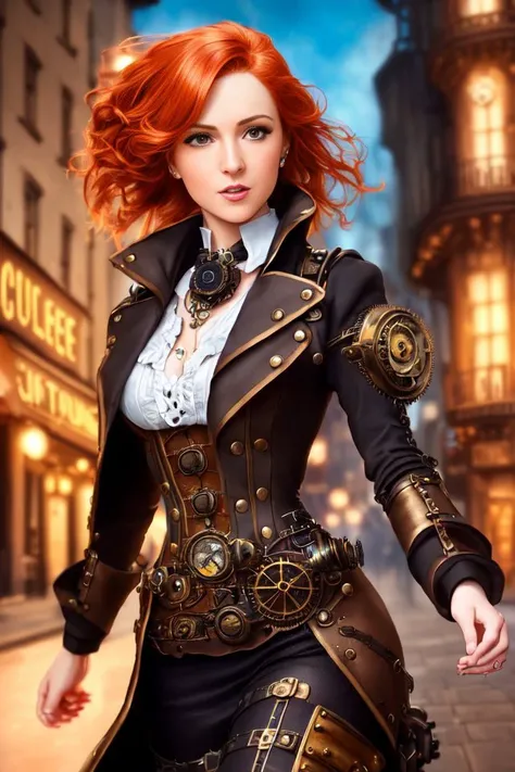a woman ((((rushes extra rapidly)))) down the street, (((front to camera))), detailed european face, ((((aspiring facial expression)))), ginger hair, (((steampunk style close))), ((steampunk city on the background)), NSFW, RAW, analog style, ultra detailed photograph, cinematic lighting, artstation, 4k, sharp focus, high resolution, detailed skin, detailed eyes