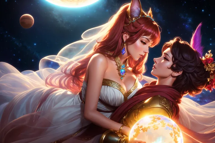 dreamlikeart, modelshoot style, extremely detailed CG unity 8k, full body shot photo of the most beautiful artwork in the world, (  xayah   : 1.4 ) , wearing a long flowing lace scarf, ,   ( Teddy : 1.3)   , vibrant eyes, sexy, ( Opalescent colors )   ,   A woman holding a glowing orb  ,  at   A planet where the laws of physics are different   ,  ( professional majestic oil painting by artist  gil elvgren and artist Mark Arian )  , Studio Ghibli, ArtStation, CGSociety, Intricate, High Detail, Sharp focus, backlighting,  dramatic, photorealistic painting art by Midjourney and Greg Rutkowski,   ( very detailed background, detailed face, detailed complex busy background : 0.8 )